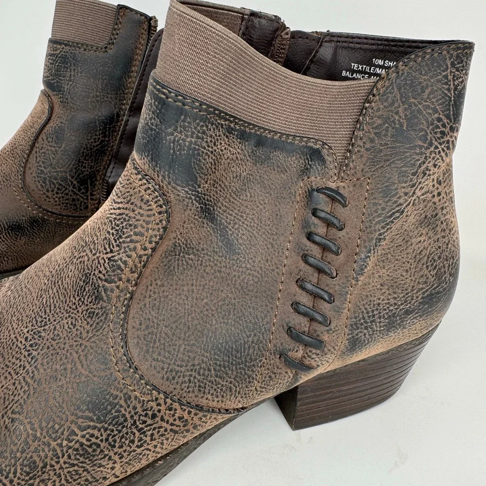 Womens Shawna Brown Faux Leather Distressed Ankle‎ Boots Side Zip Block Heel 10M